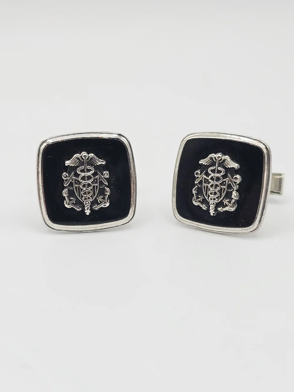 VTG Kinney U.S. Navy Medical Dept Cufflinks Silver Tone Black Enamel Bullet Back